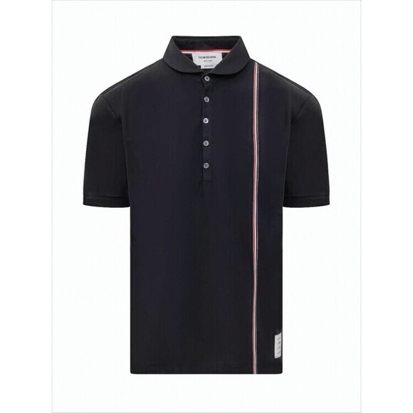 Thom Browne Solid Black Polo Shirt With Tricolor Stripe Detail - NWT